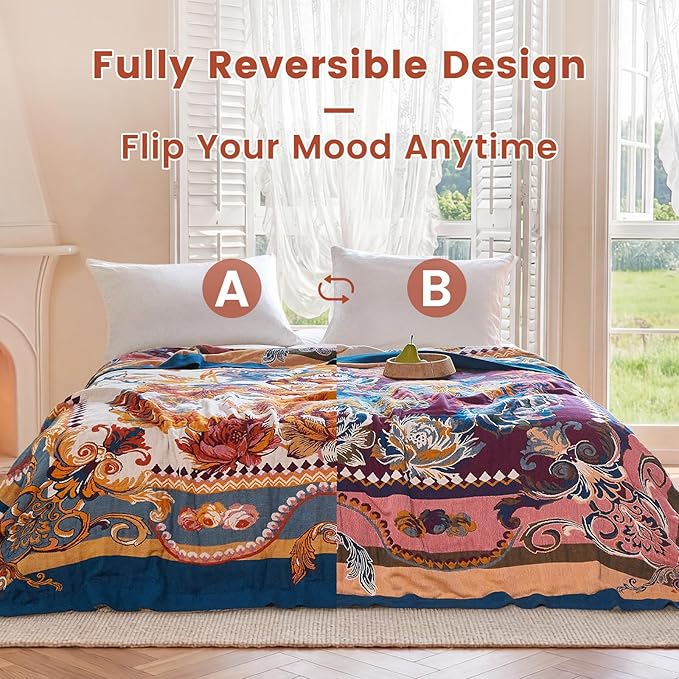 MSGKV Boho Throw Blanket 60"x80" 100% Cotton Victoria Floral Throw for Bed | 100% Cotton Throw, Victoria Floral, Reversible Woven, Lightweight Comfort, Farmhouse Decor, All Seasons, Machine Washable