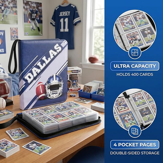 HBK Football Card Binder 400 Pockets, 3-Ring Sports Trading Card Holder with Zipper, Waterproof PU Leather Collector Album with 50 Removable Sheets for Standard Cards