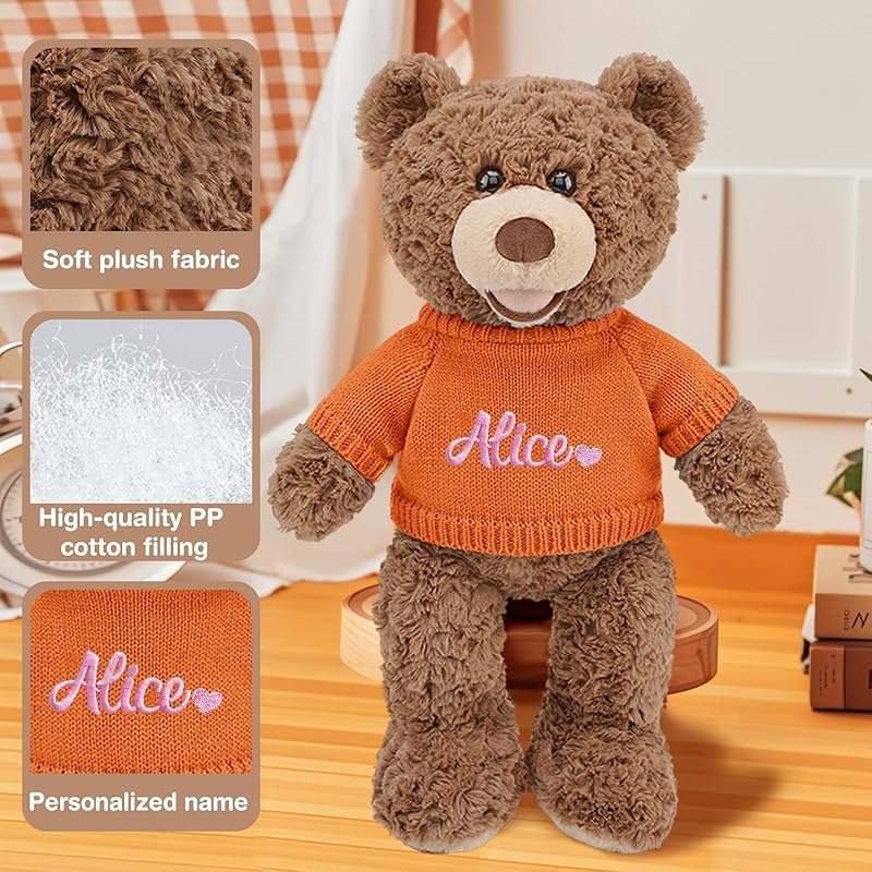 Personalized Teddy Bear Stuffed Animal, 11 Inch Custom Bear Plush with Embroidered Name Text, Christmas Birthday Gift for Baby Boys Girls Kids