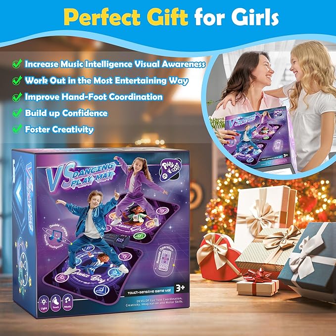 2-Player Electronic LED Light Dance Mat, Music Dance Toy with 5 Modes, Develops Hand-Eye Coordination, Challenge Game for Single or Double Players, Christmas Dance Mat Toy for Boys & Girls Ages 3-12