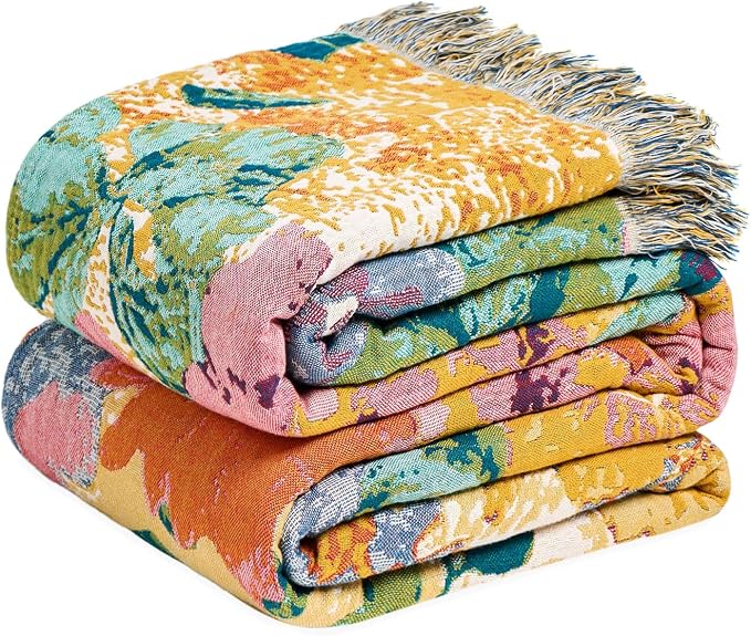 MSGKV Boho Throw Blanket 50"x60" Cotton Floral Blanket for Couch & Sofa | 50"x60" Cotton Floral Throw, Muslin Blanket, Summer Breathable, Farmhouse Decor, All Season Comfort, Machine Washable