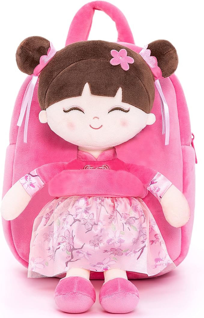 Gloveleya Back to School Gifts for Girls Kids Backpack Toddler Backpack Soft Plush Asian Girl Doll Backpacks Pink 9"