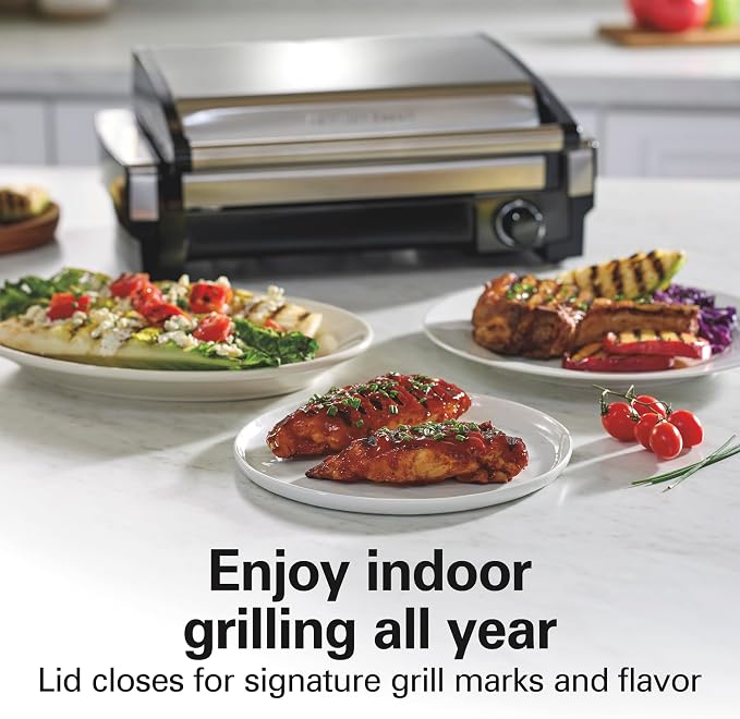 Hamilton Beach Electric Indoor Searing Grill with Adjustable Temperature Control to 450F, 118 sq. in. Surface Serves 6, PFAS-Free Removable Nonstick Grate, Stainless Steel (25360) | Adjustable Temperature Control To 450°F | 118 sq. in. PFAS-Free Remova...