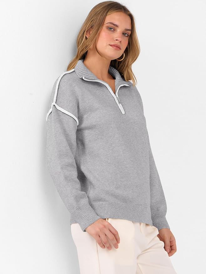 ANRABESS Womens Quarter Zip Sweaters Fall Long Sleeve V Neck Shirts Collared Business Casual Tops Knit Pullover Sweatshirts