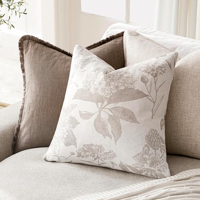 Foindtower Set of 2 Linen Floral Vintage Throw Pillow Covers Neutral Accent Decorative Cushion Covers Farmhouse Boho Home Decor for Sofa Chair Couch Bedroom Living Room,24×24 Inch,Tan Beige