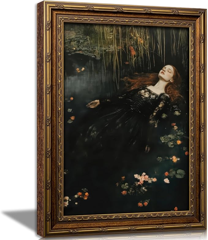 Vintage Gold Framed Ophelia Wall Art,Victorian Gothic Oil Painting Canvas Print,Classic Dark Academia Aesthetic Wall Decor,Antique Woman Portrait Picture,Moody Floral Poster Artwork,for Living Bedroom