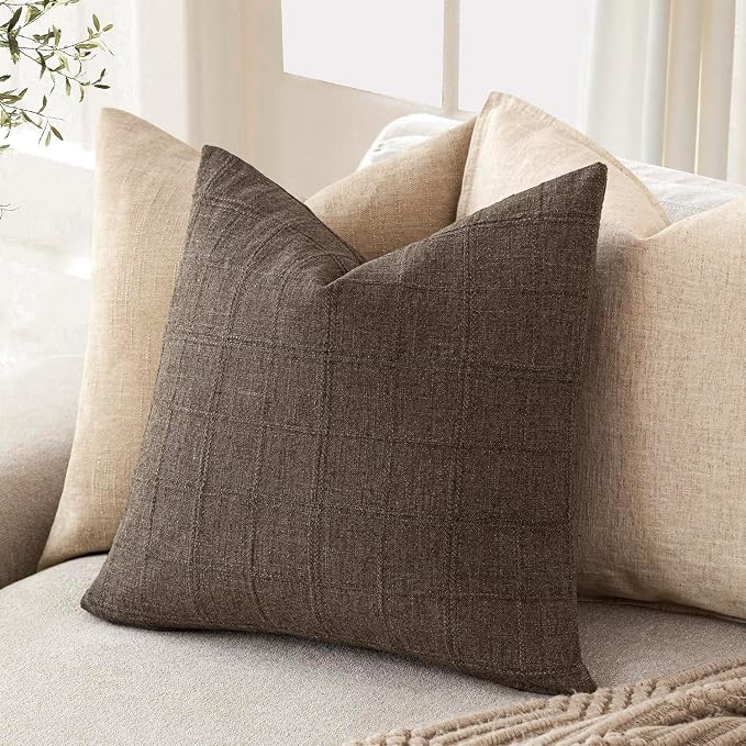 Foindtower Set of 2 Decorative Linen Check Throw Pillow Covers Neutral Farmhouse Vintage Cushion Covers Modern Boho Home Decor for Sofa Chair Couch Bedroom Living Room,26×26 Inch,Dark Brown