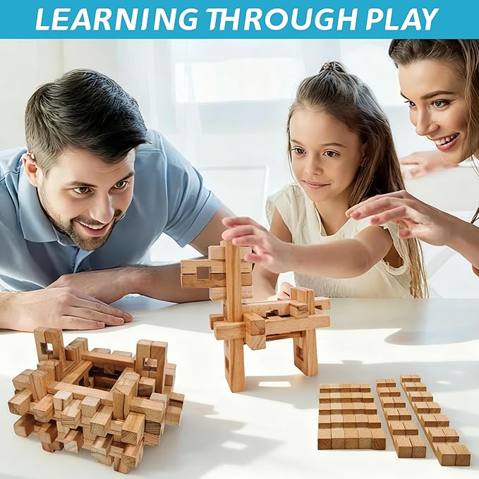 15 in 1 Educational Wooden Building Blocks - 42 Pcs Assembled into 15+ Different Shapes, STEM Toy Gift for Kids, Learning Toys for Ages 3+ and Adults