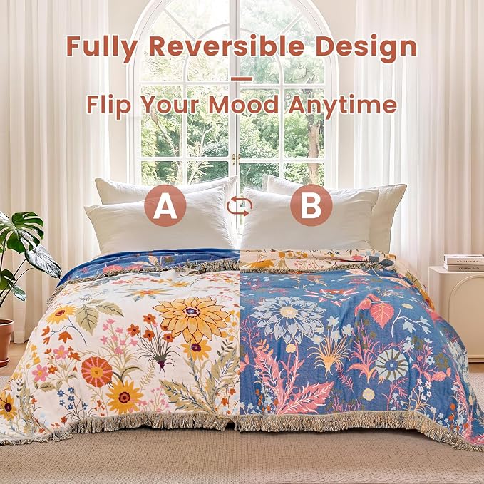 MSGKV Boho Throw Blanket 60"x80" Cotton Floral Twin Blanket for Couch Bed | 100% Cotton Muslin, Twin Size Throw Blanket, Floral Farmhouse Decor, Soft & Breathable, Lightweight Comfort, Machine Washable