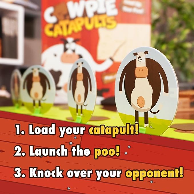 Cowpie Catapults - Launch Poop with a Catapult to Knock Over Cows, Last Moo Standing Wins, Easy to Learn, Cow Tipping Funny Kid Family Board Game, Age 6+