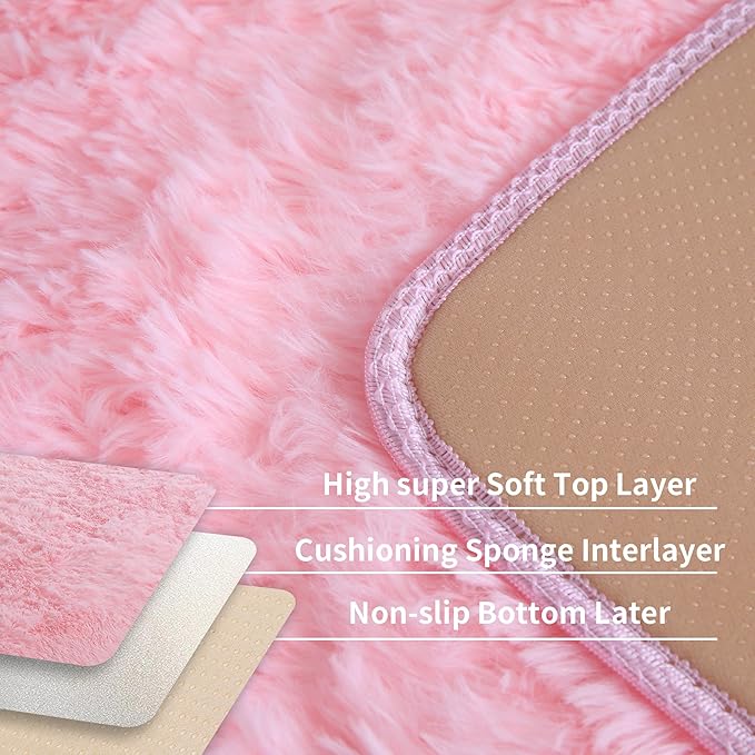 Pink Fluffy 4x6 Area Rugs for Bedroom Girls, Plush Washable Carpet | Area Rug for Kids Room, Nursery, Dorm Room, Non Slip Shaggy Floor Carpet