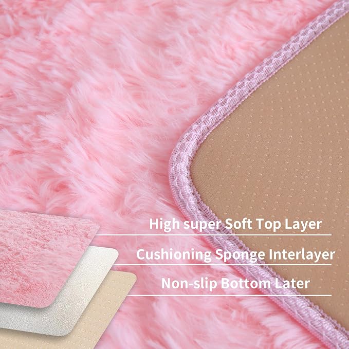 6x9 Pink Shag Rug for Girls Bedroom, Soft Plush Fluffy Carpet | Area Rug for Living Room, Nursery, Kids Dorm Room, Machine Washable Non Slip Shaggy Carpet
