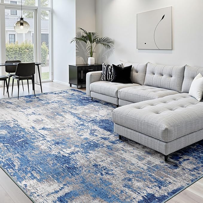 RELEANY Washable 7'x10' Abstract Area Rug for Living Room Blue Gray | carpet for bedroom, kitchen, office, hallway and entryway, printed pattern, non-slip, soft, stain-resistant, easy to clean