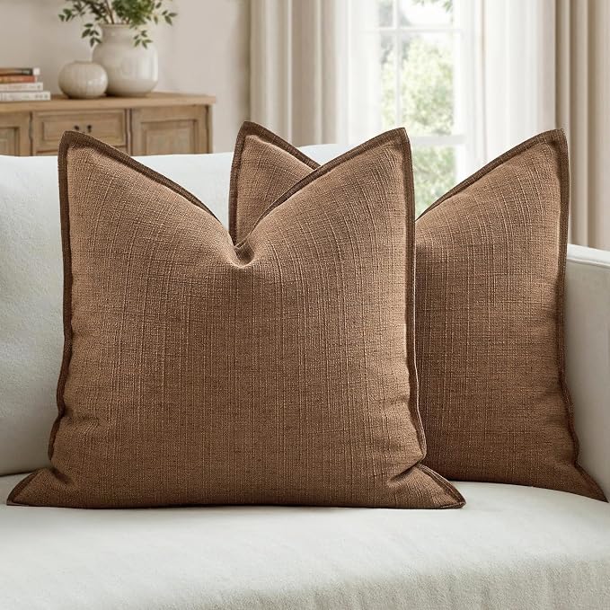 MIULEE Thick Textured Decorative Throw Pillow Covers 20x20 Inch Brown Sugar | Set of 2, Linen Blend Pillow Cover, Flange Edge Design, Farmhouse Modern Boho Style, Bed Couch Living Room Decor