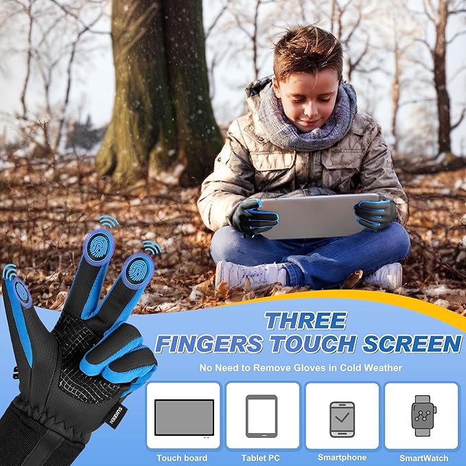 Sukeen Kids Winter Warm Gloves for Boys Girls Windproof PU Cold Weather Gloves Aged 4-14 Anti-Slip Gloves for Cycling Outdoor