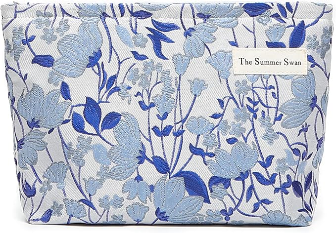 FlowerVineBlue Summer Swan | Large Aesthetic Floral Makeup Clutch | Period Kit | Hygiene & Skincare Bag