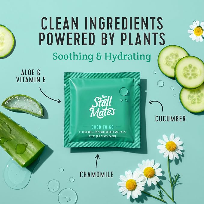 Stall Mates - Flushable Wipes, Individually Wrapped, Travel Friendly, Unscented with Cucumber, Vitamin-E & Aloe, (30 on-the-go singles)