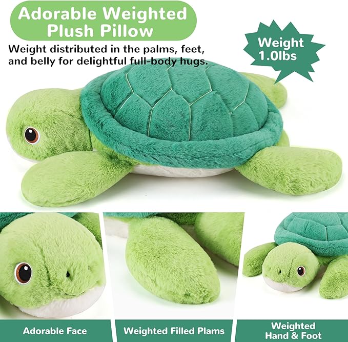 Turtle Weighted Stuffed Animals - 12 Inch 1.0 Pounds Weighted Plushies Sea Turtle Stuffed Animal - Small Tortoise Plush Pillow - Cute Plush Toy Gifts for Kids & Adults (12" 1.0 lbs)