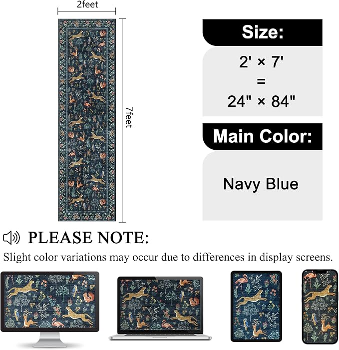 DUKINO 2x7 Runner Rug for Hallway, Washable Kitchen Rugs Non Slip Navy Blue | Low Pile, Stain Resistant, Animal Indoor Carpet Runner for Hallway, Entryway, Bedroom, Bathroom, Lightweight, Pet Friendly
