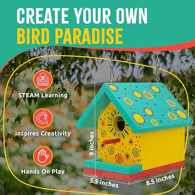 Jr Bird House Kit, DIY Cedar Wood Birdhouse for Outdoors with Paint, Fun for Kids & Adults, Bird House Making Kit for All Ages (1-Pack)