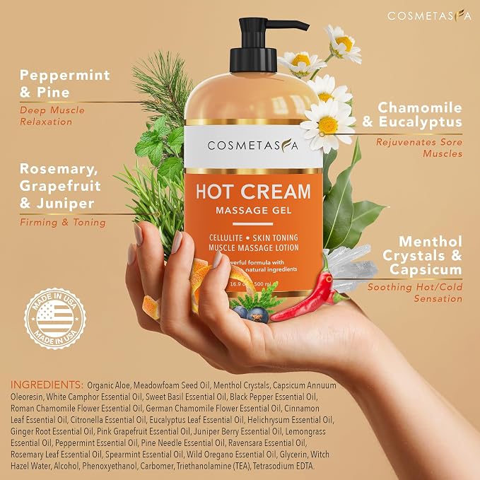 Cellulite Massage Oil, Gel & Mitt - Natural Hot Cream Massage Gel, Oil & Massager - Firm, Tone, Tighten & Moisturize Skin. Soothes Muscles (16.9 oz)