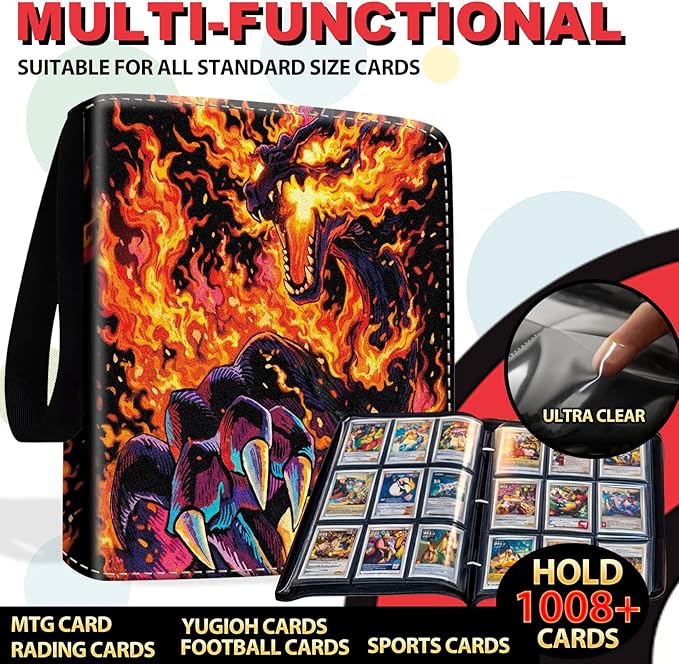 1008 Card Binder 9 Pocket, 3-Ring Trading Card Binder with 56 Page Removable Sleeves, High Storage Waterproof Trading Card Holder Collection Card Album Organizer Case for TCG Cards-Fire Dragon