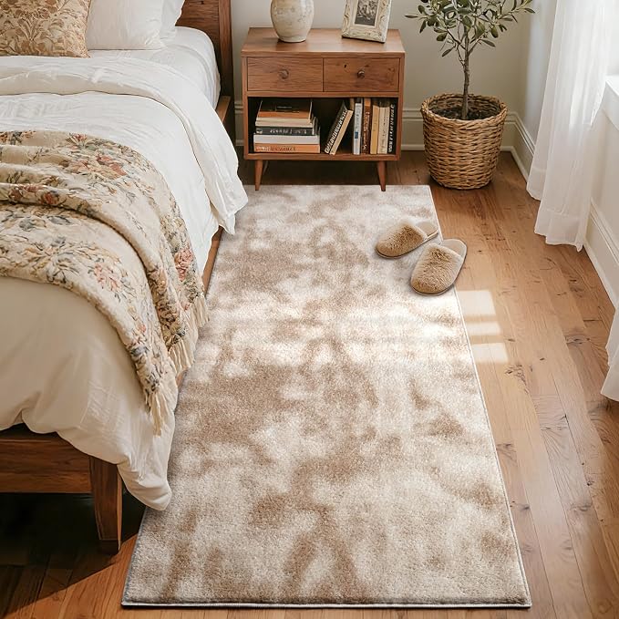 FinRèc 2x8 Washable Runner Rugs for Kitchen Hallway Bedroom, Low Pile Thin Ultra Soft Shag Rug, Non-Slip Carpet Indoor for Home Decor (Tie-dye Light Tan)