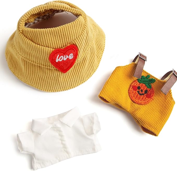 3-Piece Doll Clothes for Labubu & 17cm Dolls – Stylish Fisherman Hat Set, Kawaii Doll Outfits with Accessories for Collectors or Display - Yellow Pumpkin (No Dolls)