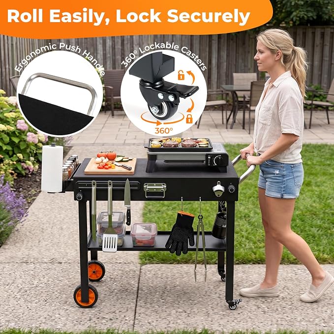 Happygrill 32”W x 18”D Folding Grill Cart for 17” & 22” Griddles | Outdoor Portable BBQ Prep Table w/Heat-Resistant Mat, Lockable Wheels, Magnetic Knife Holder, Pizza Oven Stand for Camping