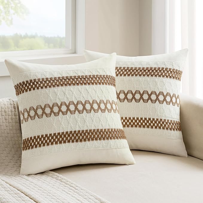 MIULEE Set of 2 Coco Brown Boho Decorative Pillow Covers 18x18 Inch | Farmhouse Couch Throw Pillows, Modern Spring Cotton Cushion Covers, Macrame Woven Home Decor for Bed Sofa Chair