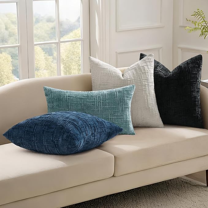 decorUhome Textured Chenille Throw Pillow Covers 22x22 Set of 2 Black | Fall Modern Farmhouse Soft Cozy Slubby Couch Pillow Cases Boho Decorative Pillow Cases for Bed Sofa Living Room Home Decor