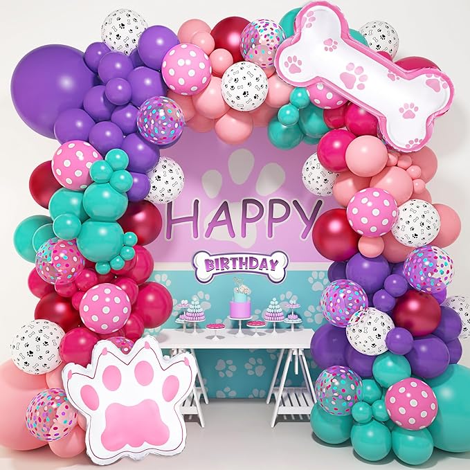 147Pcs Paw Balloons Garland Arch Kit with Dog Paw Print Balloons Pink Purple Turquoise Confetti Balloon for Girls Puppy Themed Birthday Baby Shower Party Decorations