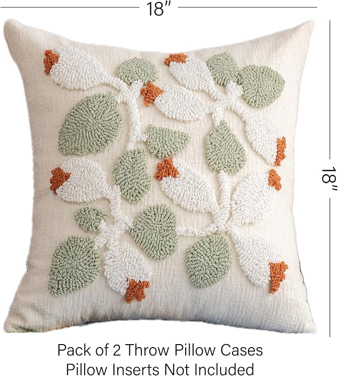 Summer Botanical Throw Pillow Covers 18x18 Inch Set of 2, Chenille Embroidered Pillowcase with 3D Tufted White Floral Vine Sage Green Leaves, Boho Decorative Cushion Covers for Couch Sofa Bed