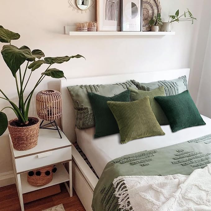 Topfinel Christmas Decorative Throw Pillow Covers Green Series,Winter Fluffy Corduroy Striped Euro Pillows Shams for Couch Bed Bedroom,Western Modern Hunter Green Pillowcase 20x20 Inch Set of 4