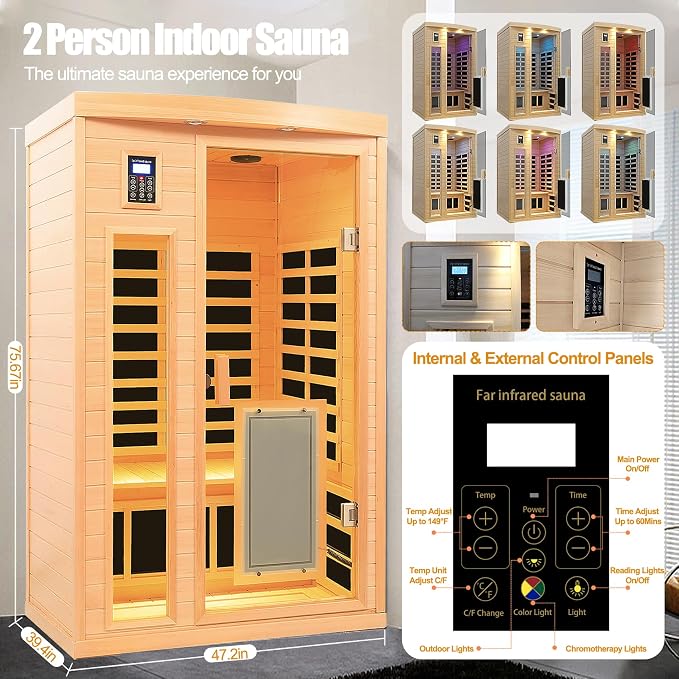 Ultra Low EMF 2 Person Infrared Sauna, 1750W 15A Far Infrared Saunas for Home, Canadian Hemlock Wood Sauna Indoor Sauna with Chromotherapy Light, Bluetooth Speaker, Door Heating Plate