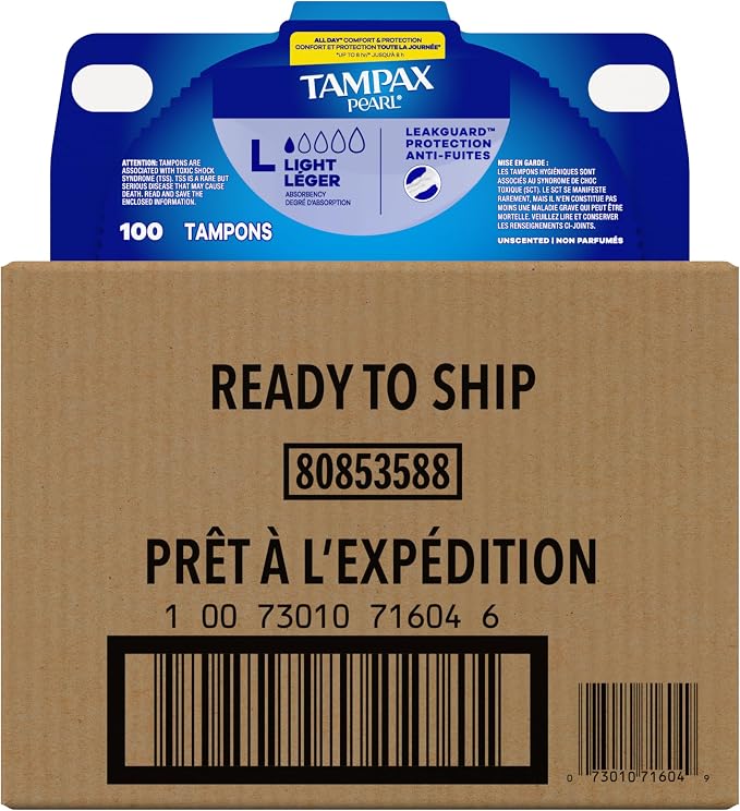 Tampax Pearl Tampons, with LeakGuard Braid, Light Absorbency, Up to 100% Leak and Odor Free Protection, Unscented, 100 Count (2 Packs of 50) (Packaging May Vary)