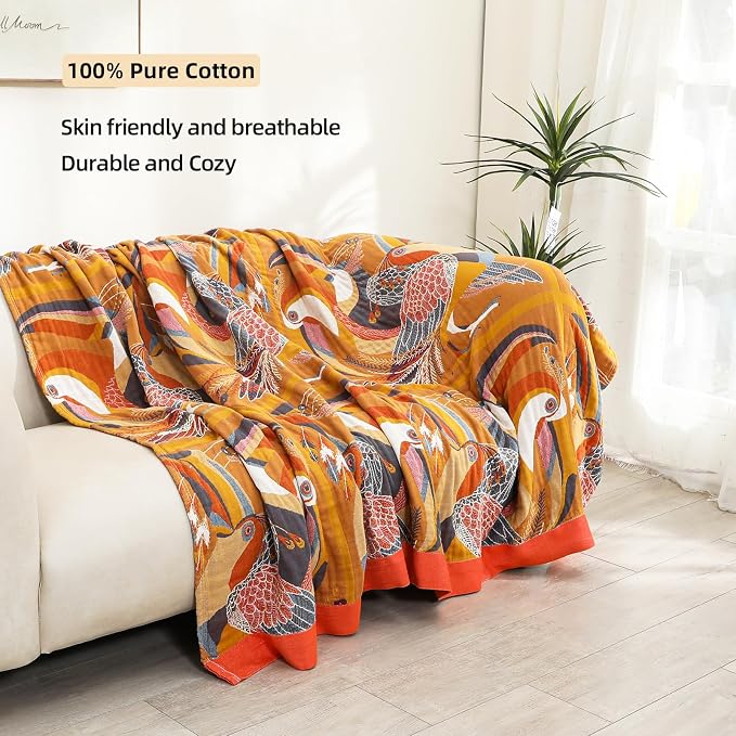 VANJOROY Boho Large Throw Blanket, 100% Organic Muslin Cotton Breathable Soft Bed Throw - Floral Bird Farmhouse Decor Blanket for Sofa Couch Chair Quilt and Gift. 80" x 90"- Colorful