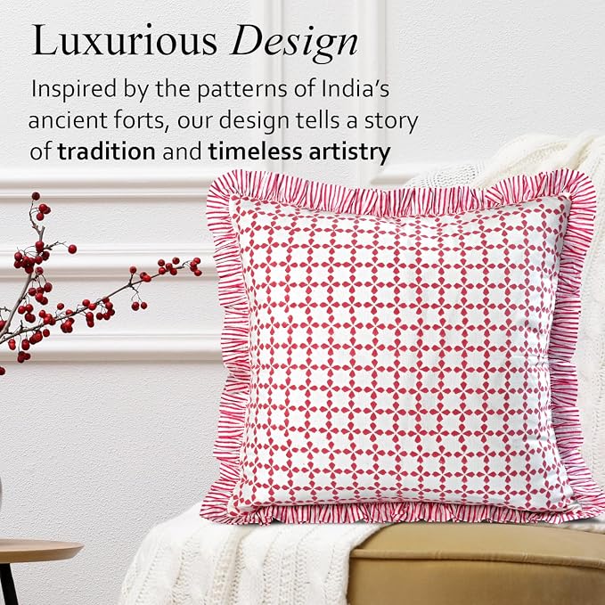 CPC Magenta Pink Hand Block Print 100% Cotton Ruffle Throw Pillow Cover 20x20 inch with Hidden Zipper Decorative for Couch, Bed, Sofa, Farmhouse, Cottagecore Decor Gift Christmas Fall Thanksgiving
