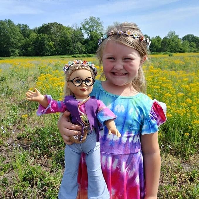 Playtime by Eimmie 18 Inch Doll Clothes and Accessories - Retro Flower Outfit with Tie-Dye Shirt, Fringe Vest, Jeans, Sandals & Flower Crowns - Fits American, Generation & Similar 18” Dolls for Girls