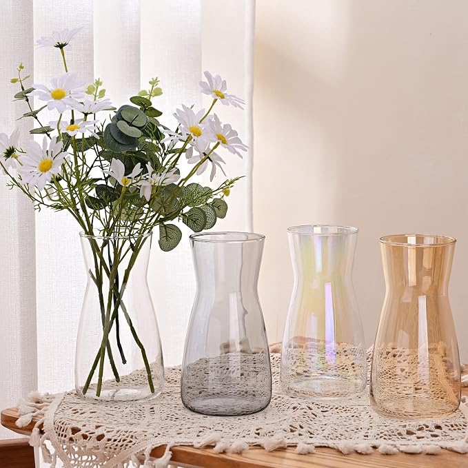 8 Inch Amber Glass Vase for Flowers, Modern Boho Table Decor | Farmhouse Vases For Rustic Vintage Living Room Kitchen Bedroom Halloween Christmas Decor House Book Shelf Office Decor
