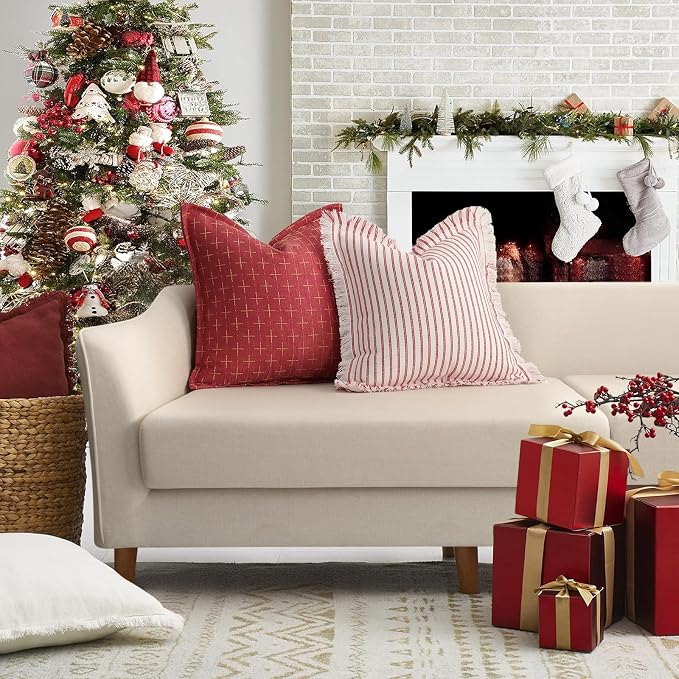 Christmas Pillow Covers 24x24 Set of 2 Soft Polyester Textured Red Pillows with Stylish Flange Edge Cozy Farmhouse Christmas Decor for Couch Bed Sofa Living Room (Red)