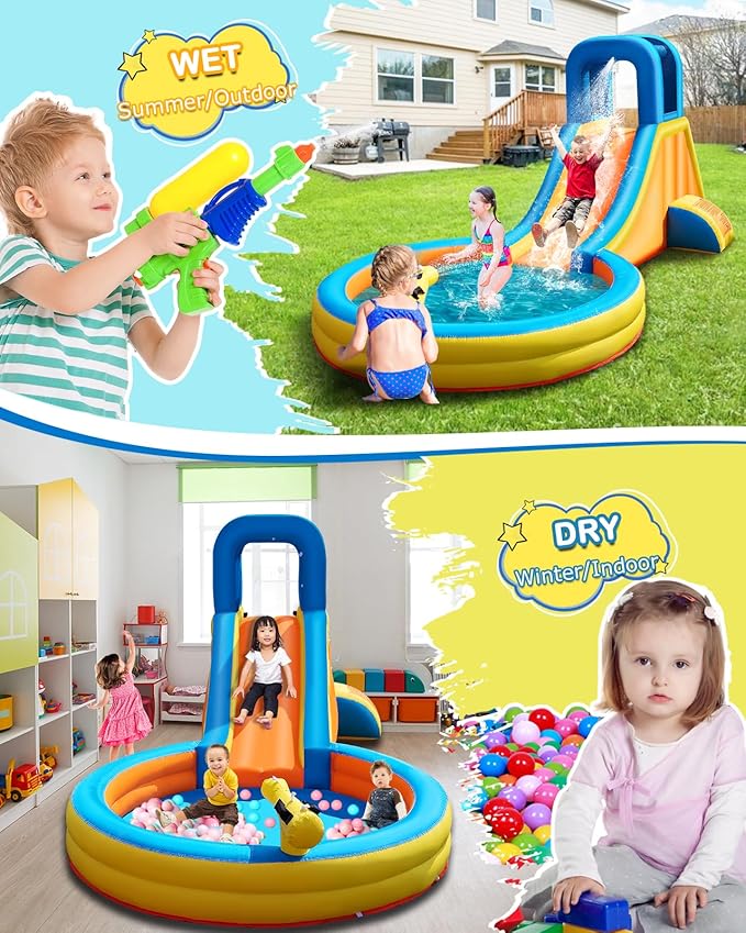 Inflatable Water Slide for Kids – 5-in-1 Blow Up Bounce House with Long Slide, Climbing Wall, Splash Pool, Water Cannon, Spray Water Spout – Backyard Toddler Water Park with 370W Blower & Storage Bag