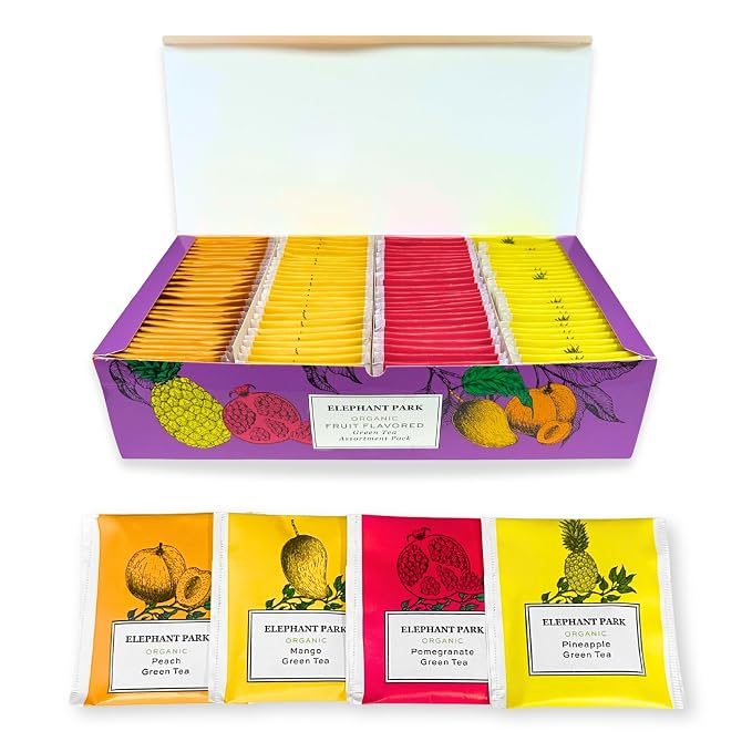 Elephant Park Premium Organic Fruit Green Tea Sampler, 100 Count Assorted Tea Bags, Caffeinated & Herbal Variety Pack Pineapple, Pomegranate, Mango, Peach Flavors