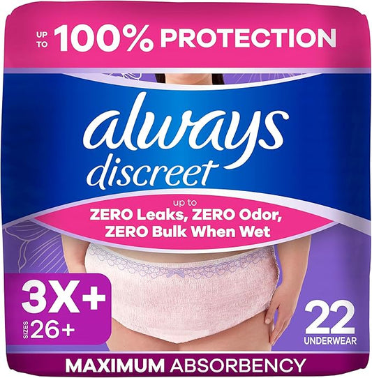 Always Discreet Reimagined Adult Diapers for Women, Maximum Absorbency Incontinence and Postpartum Underwear Size 3X+, Up to 100% Leak Free Bladder Leak Protection, 22 Count