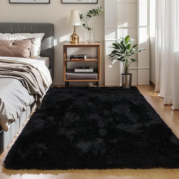 5x8 Black Fluffy Shag Rug for Bedroom, Plush Washable Carpet | Area Rug for Living Room, Kids Nursery, Boys Girls Dorm Room, Non Slip Shaggy Floor Carpet