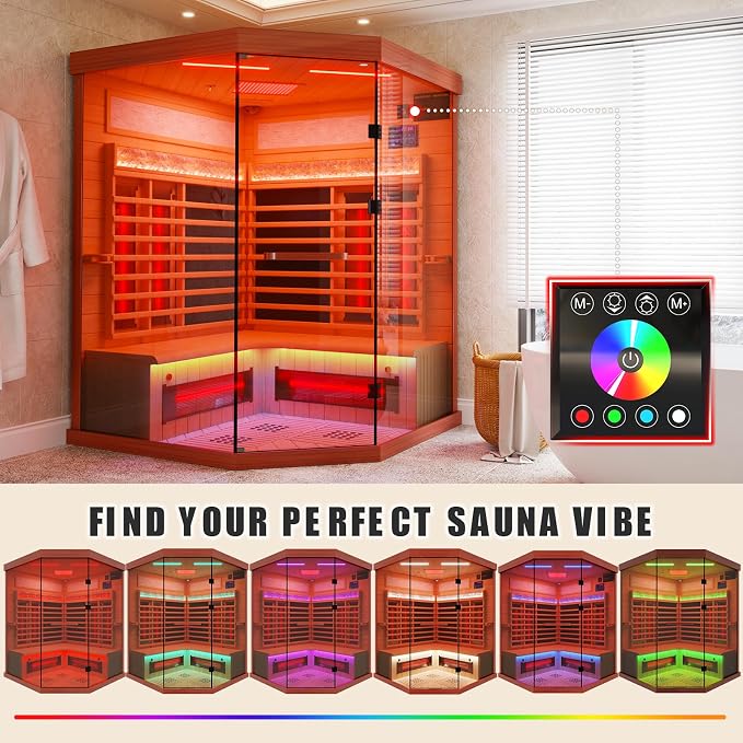 MEISSALIVVE Full Spectrum Infrared Sauna，4 Person Home Sauna， Red Cedar Luxury Indoor Spa Sauna with Resonance Speaker, Panoramic Tempered Glass Door