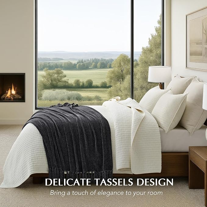 Chenille Knit Throw Blanket for Couch, 60"x80", Iron Black | Cozy Plush Fuzzy Knittd Throw with Tassels, Lightweight, Decorative, Farmhouse Decor, Ideal for Bed Sofa Gift, All Seasons