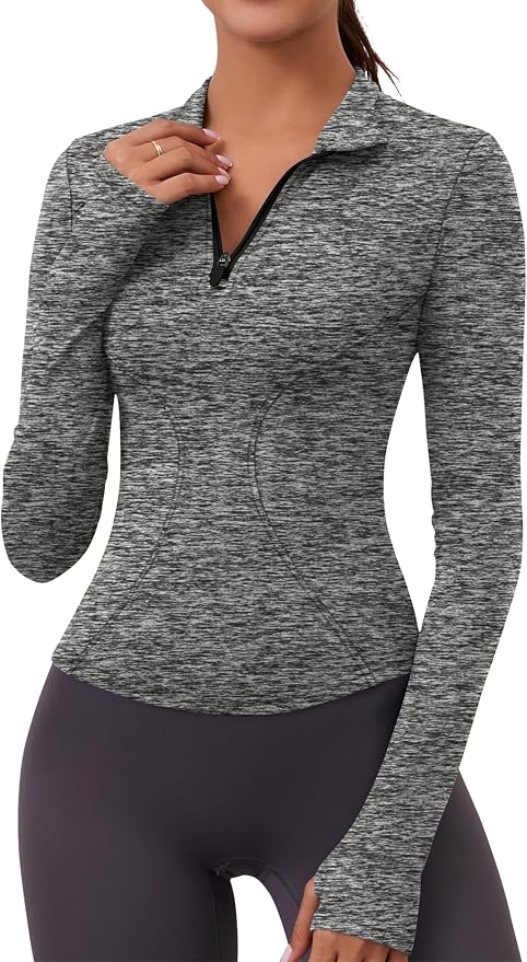 LOMON Womens Long Sleeve Workout Tops Quick Dry Quarter Zip Pullover Crop Yoga Athletic Slim Fit Shirts
