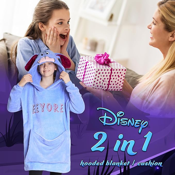 Disney Blanket Hoodie for Kids, 2-in-1 Folds into Travel Cushion, Stitch Baby Yoda Maleficent Eeyore, Gifts for Girls Boys