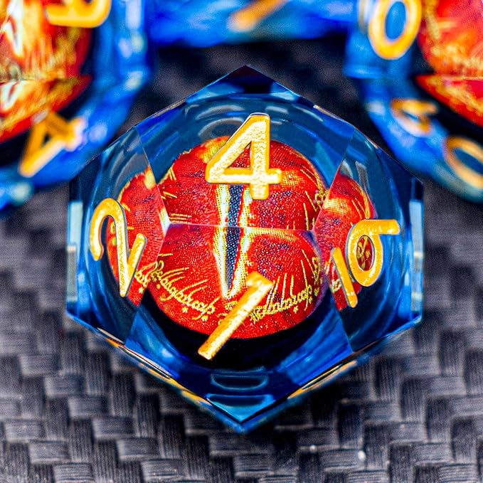 ARUOHHA DND Resin Dice Gazes Eye Dice Golden Blue Liquid Core Flaming RPG Sharp Edged Dice Set with Gift Box, Polyhedral D and D Dice Set Compatible with Dungeons Dragons Role Playing Game D20 D6